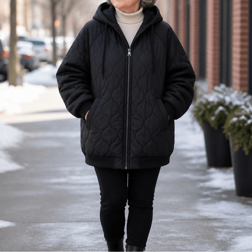 Women's Spliced-Panel Hooded Quilted Puffer Jacket with Polyester Lining