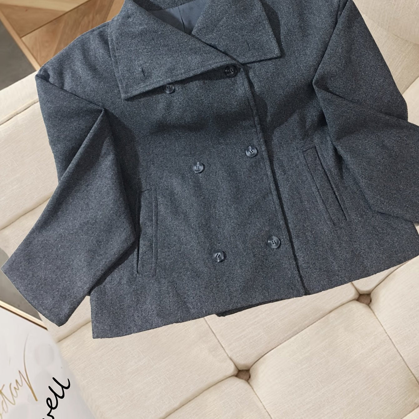 Cropped Wool Pea Coat with Notch Lapel and Double Breasted Button Front