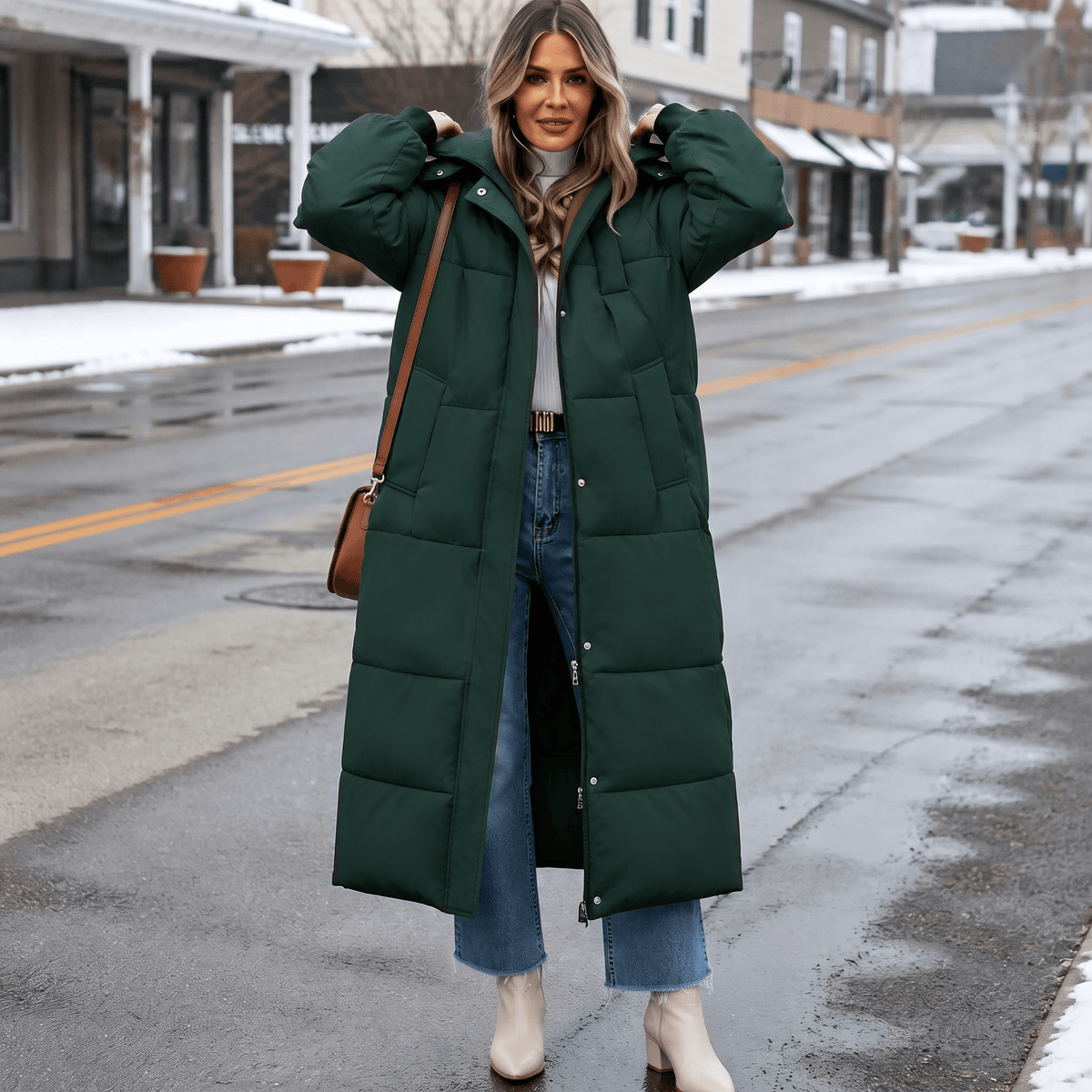 Women's Long Hooded Quilted Puffer Jacket with Side Pockets