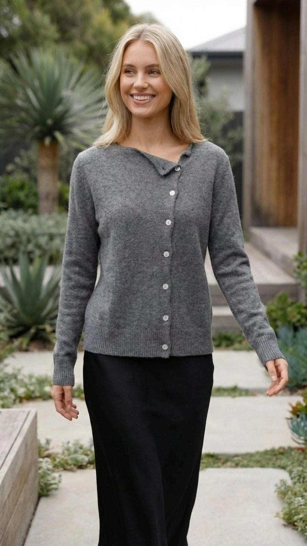Women's Soft V-Neck Knit Cardigan with Asymmetric Button Front and Long Sleeves