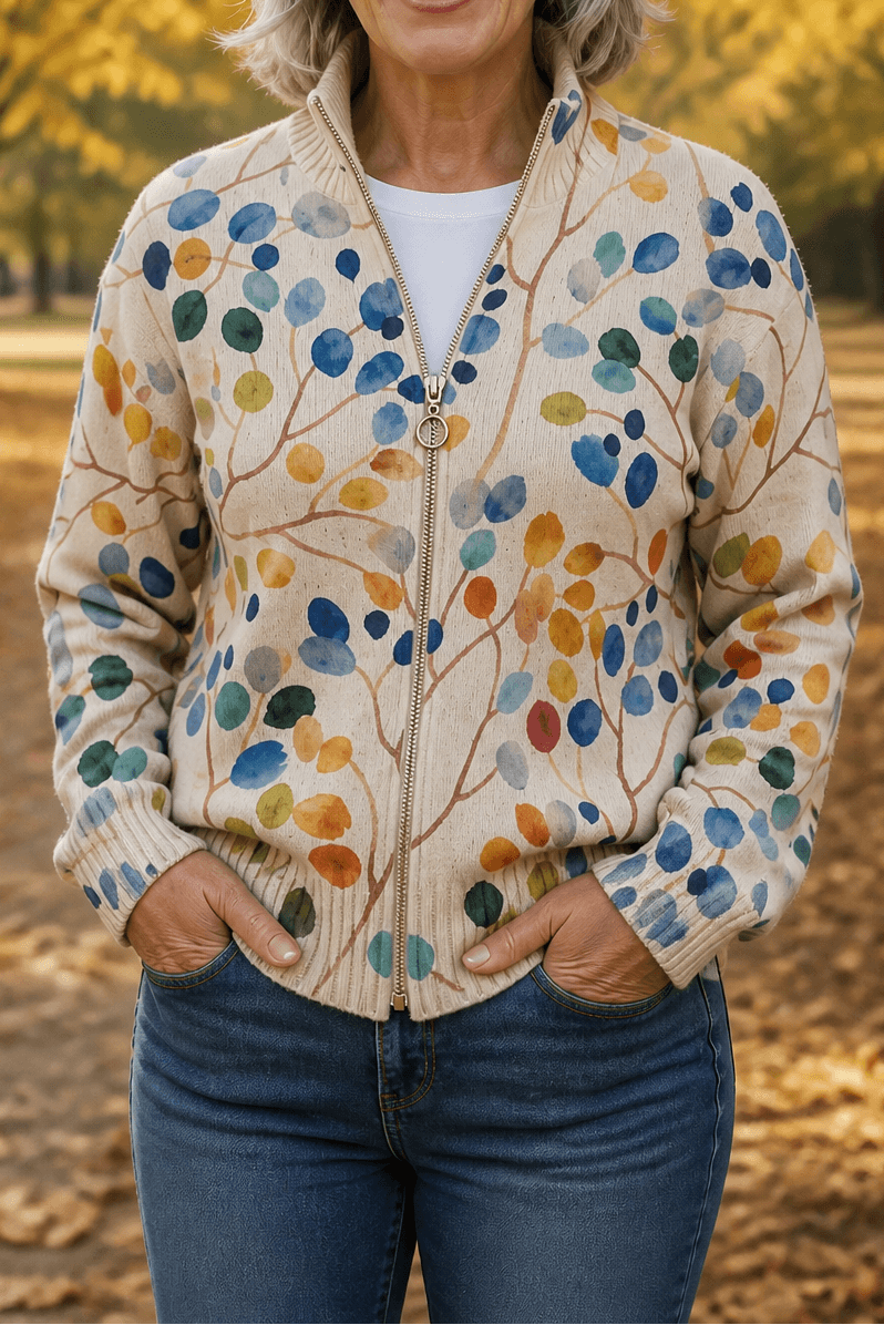 Women's Botanical Print Zip-Up Knit Cardigan Jacket