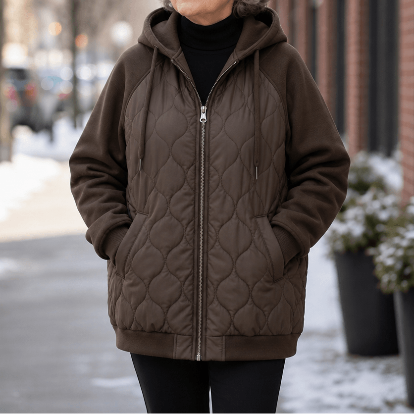 Women's Spliced-Panel Hooded Quilted Puffer Jacket with Polyester Lining