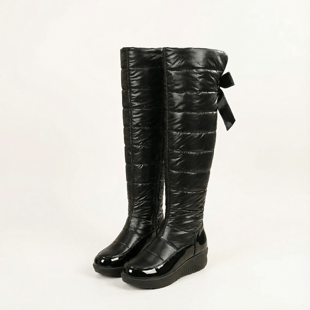 Velura Women's Black Fleece-Lined Quilted Over-the-Knee Boots with Drawstring Bow Detail