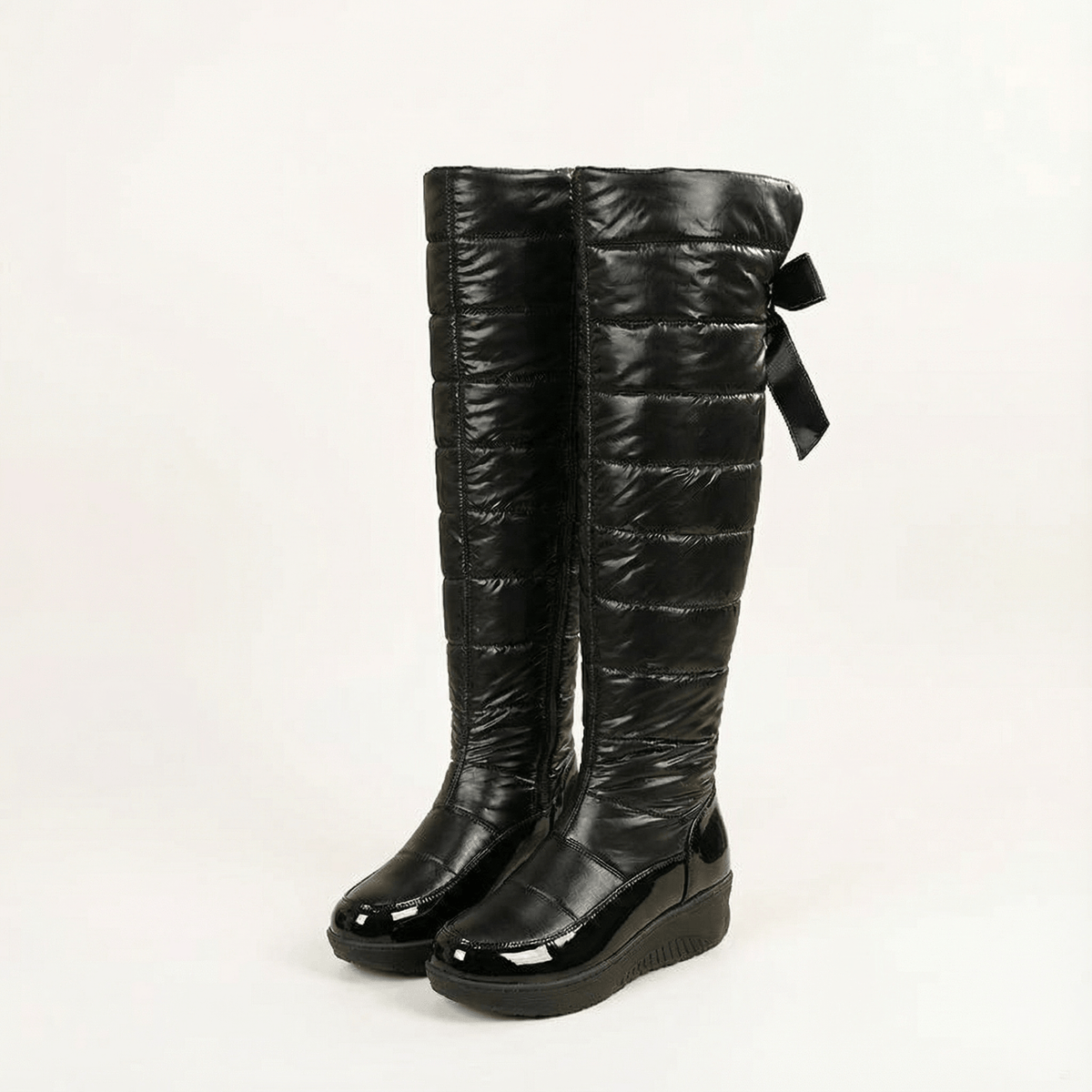 Velura Women's Black Fleece-Lined Quilted Over-the-Knee Boots with Drawstring Bow Detail