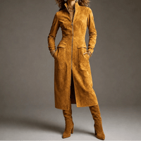 Women's Fitted Long Faux Suede Coat with Stand Collar and Full-Length Zip