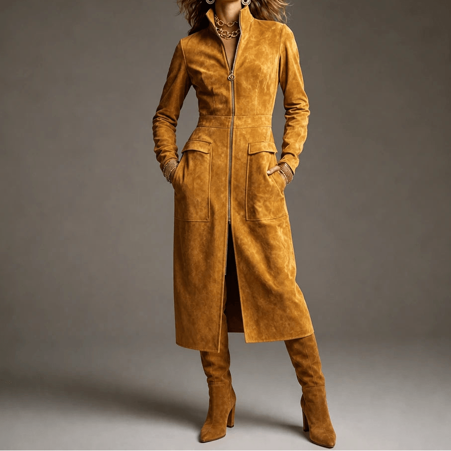 Women's Fitted Long Faux Suede Coat with Stand Collar and Full-Length Zip