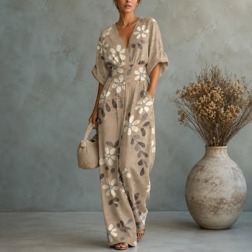 Floral Wide-Leg Jumpsuit with Cinched Waist in Place of a Two-Piece Set