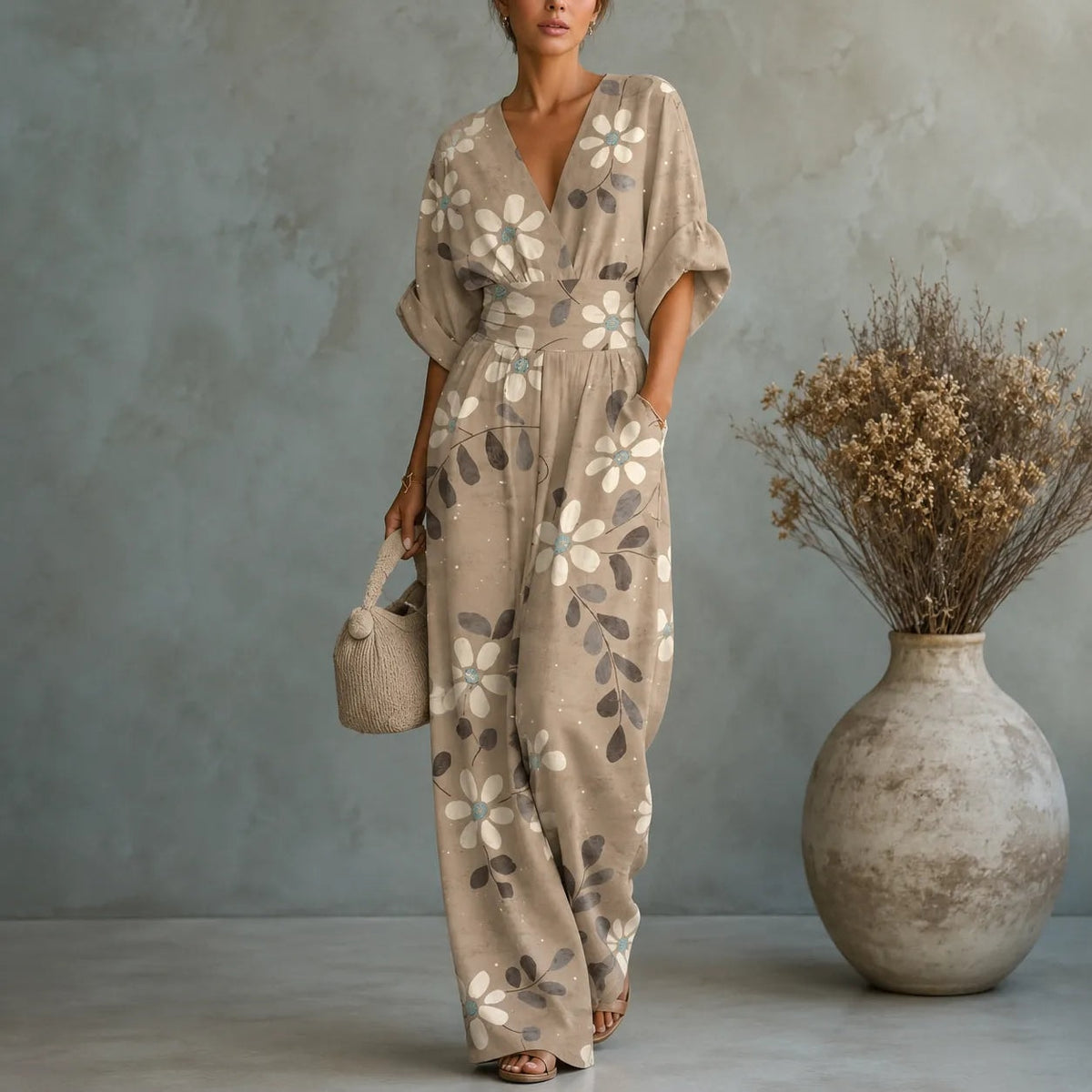 Floral Wide-Leg Jumpsuit with Cinched Waist in Place of a Two-Piece Set
