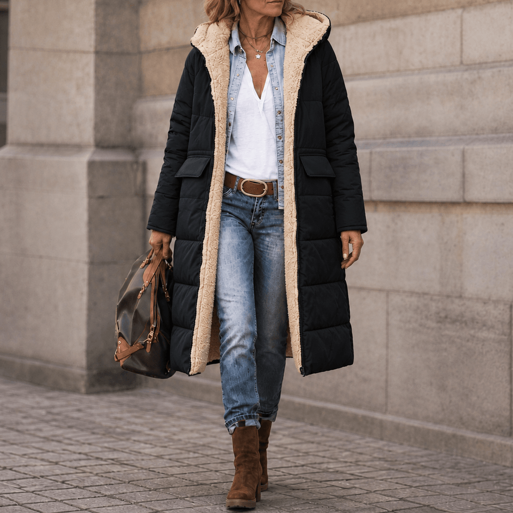 Reversa Women's Reversible Hooded Long Winter Coat with Faux Shearling Lining