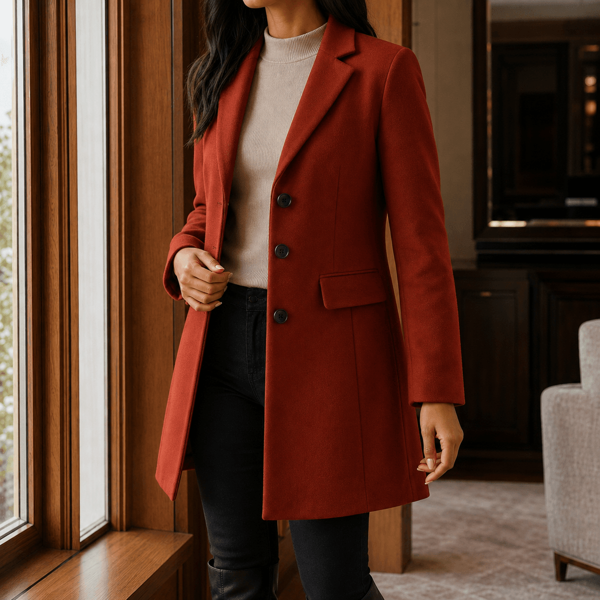 Women's Wool-Blend Tailored Winter Coat with Notched Lapel