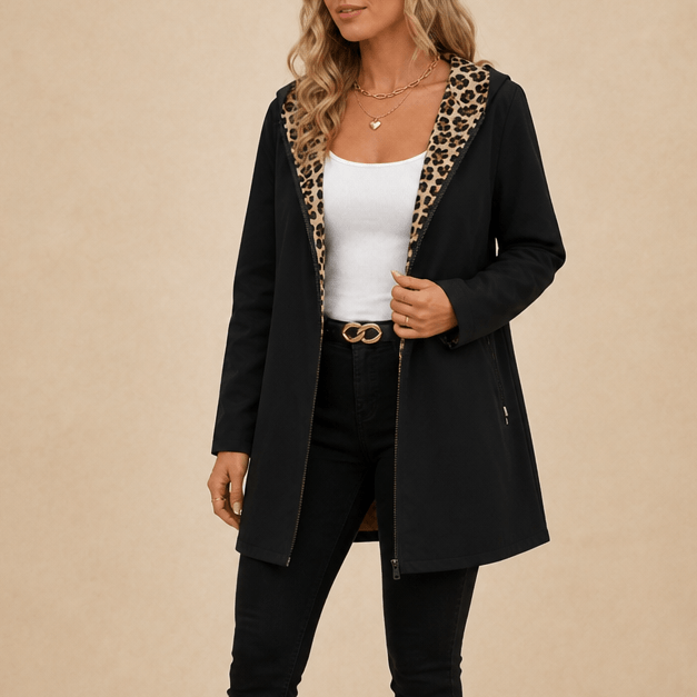 Women's Reversible Leopard Print Hooded Winter Coat with Solid Reverse Side