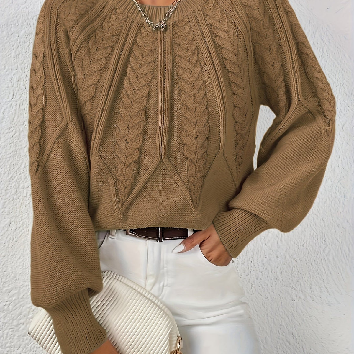 Women's Cropped Cable-Knit Sweater with Ribbed Crew Neck