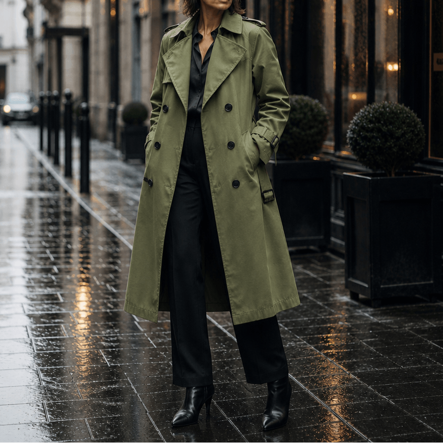 Mayfield Double-Breasted Long Trench Coat with Tailored Collar for Women