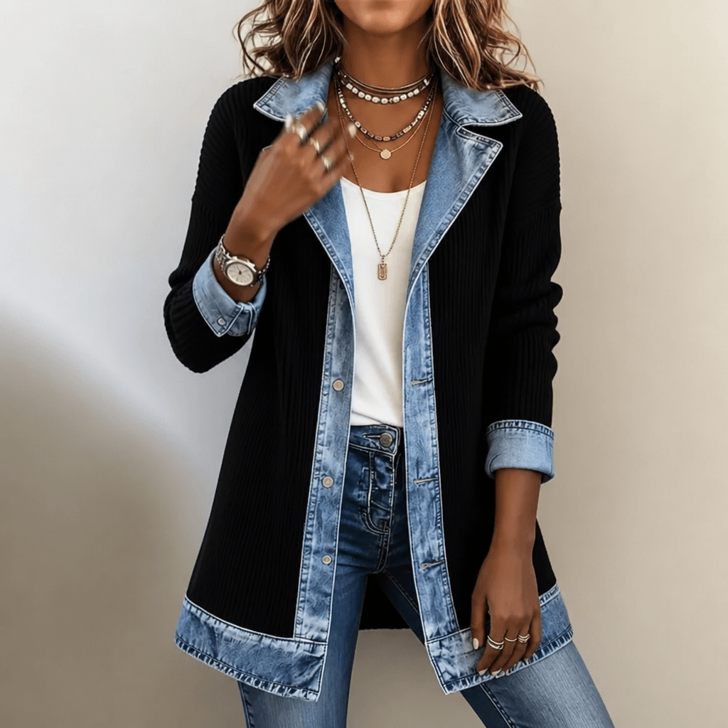 Women's Ribbed Knit Longline Sweater Cardigan with Denim Panel Trim