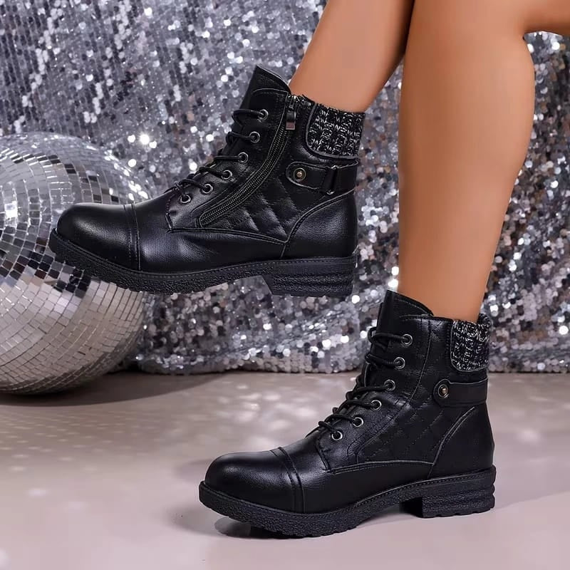 Women's Quilted Lace-Up Ankle Boots with Side Zip and Block Heel