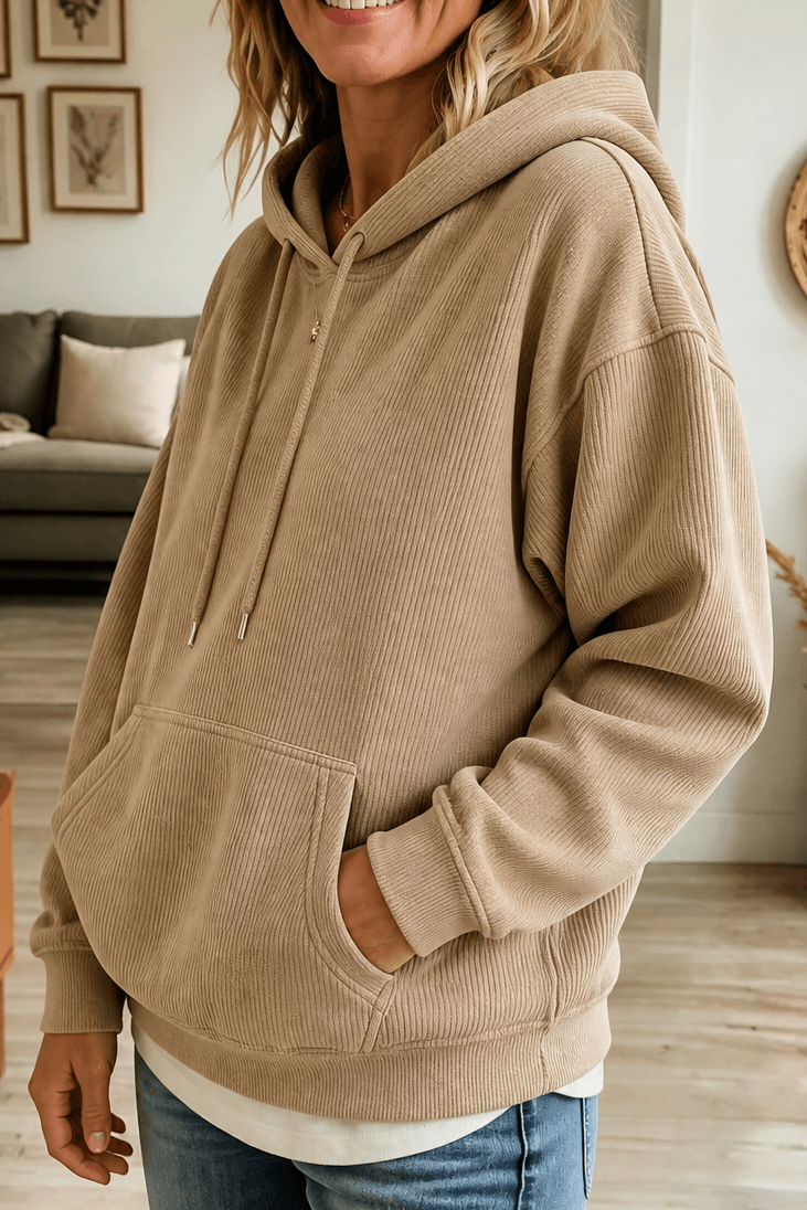 Women's Ribbed Corduroy-Look Pullover Hoodie with Front Pocket