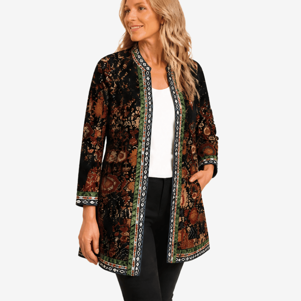 Patterned Open-Front Jacket with Embellished Trim for Women