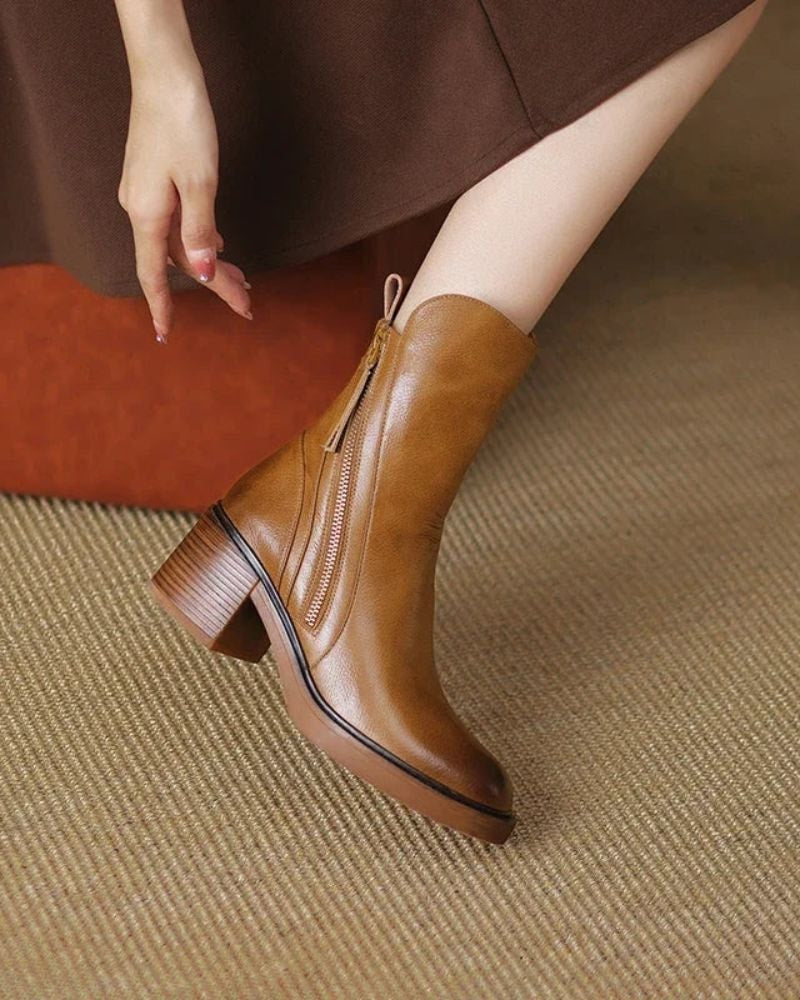 Women's Round-Toe Vegan Leather Ankle Boots with Block Heel and Side Zip