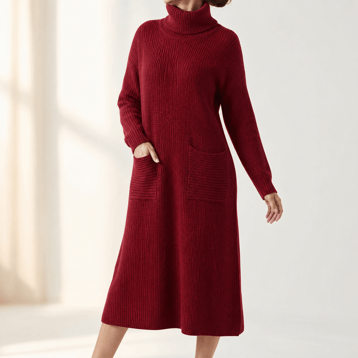 Velara Women's Relaxed Turtleneck Knitted Sweater Maxi Dress with Pockets