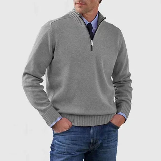 Men's Half-Zip Mock Neck Knitted Sweater with Ribbed Trim