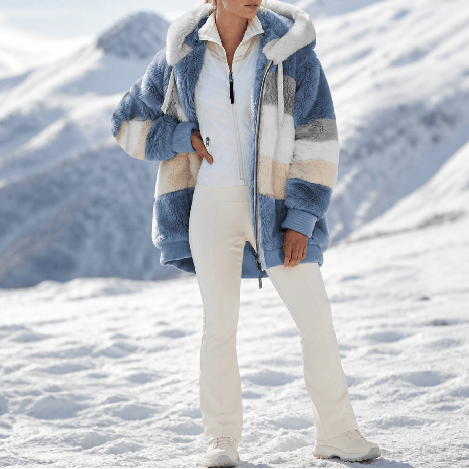 Furvella Women's Color-Block Oversized Faux Fur Hooded Winter Coat