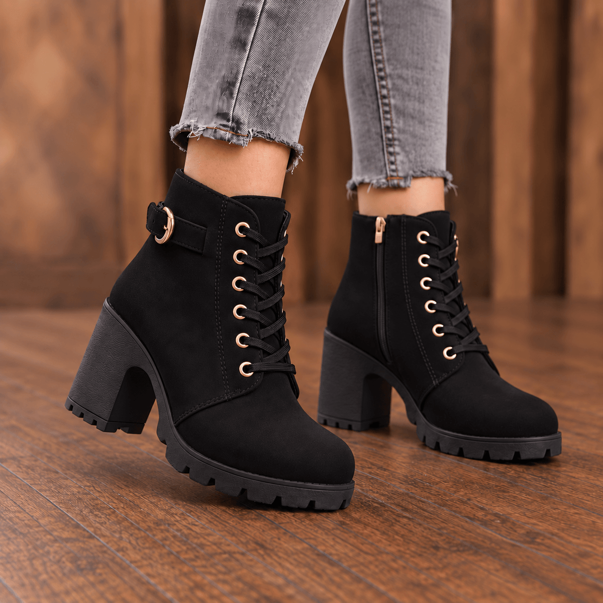 Women's Lace-Up Chunky Block Heel Ankle Boots with Side Zipper and Buckle Strap