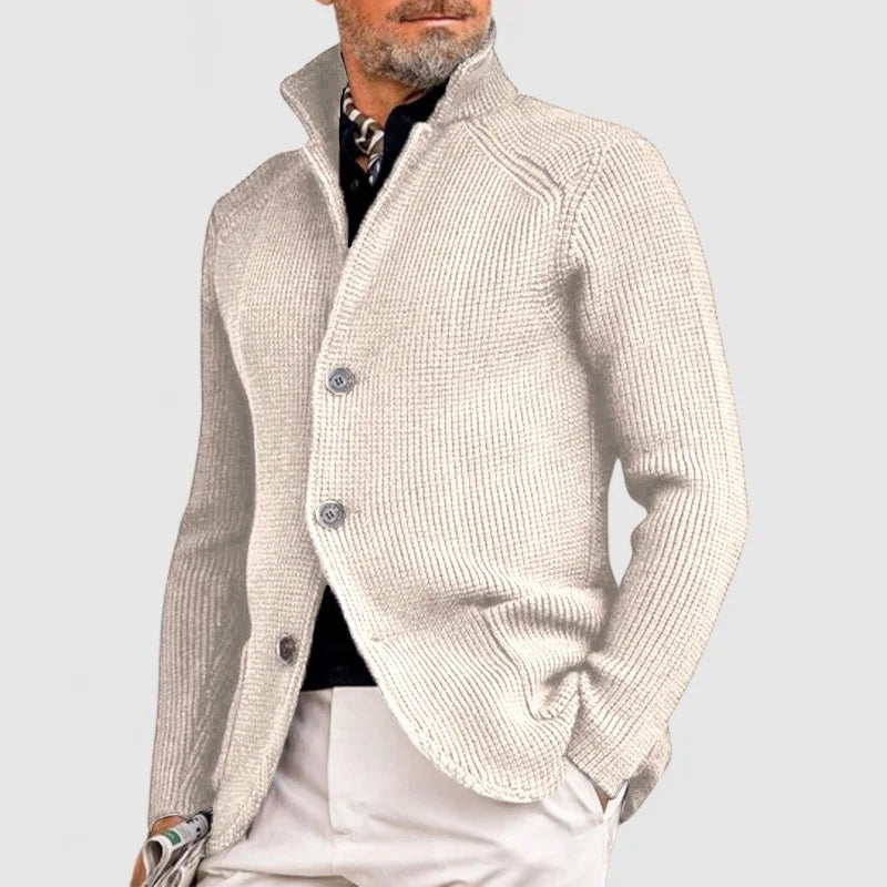 Waffle-Knit Button-Front Mens Sweaters Cardigan with Stand Collar