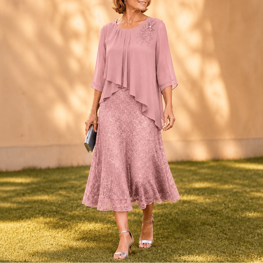 Elavine Floral Lace Overlay Chiffon Women's Midi Dress with Sheer Sleeves