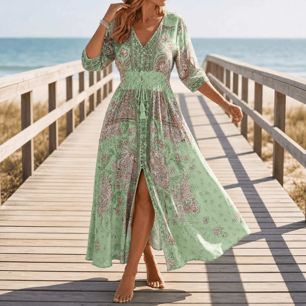 Floressa Paisley Floral V-Neck Maxi Dress with Drawstring Waist