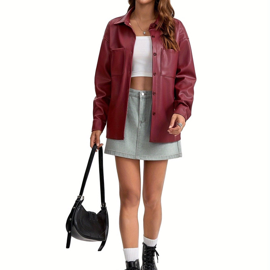 Oversized Faux Leather Shacket with Button Front Collared Fall Jacket