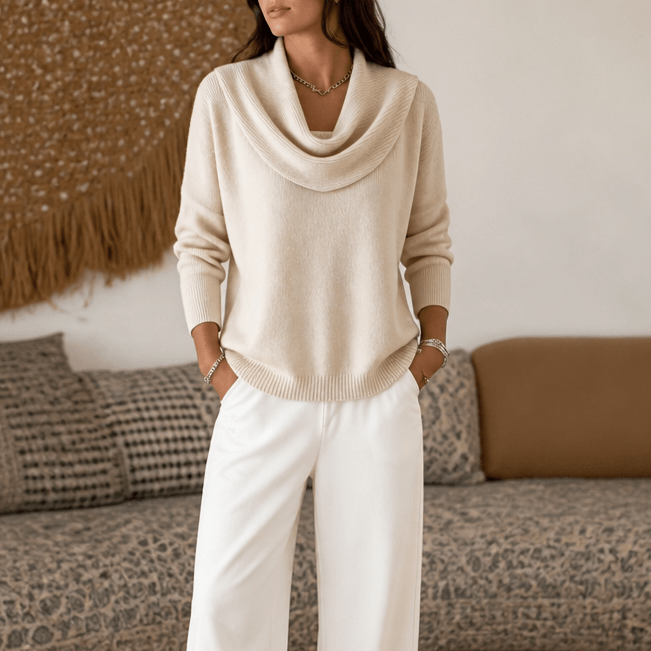 Women's Cowl Neck Drape Knitted Sweater with Long Sleeves