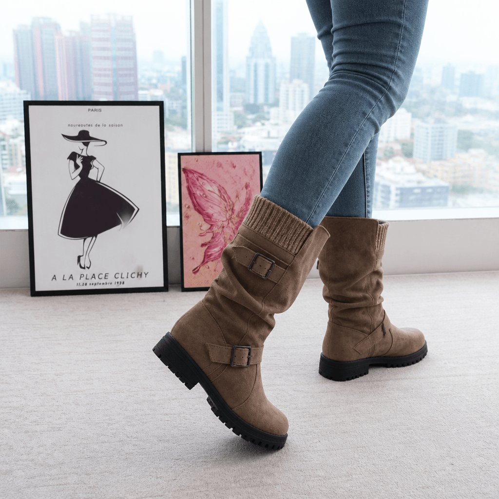 Ribbed Cuff Lug Sole Slouch Women's Boots with Suede-Look Upper