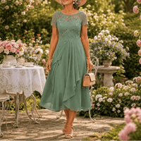 Floral Lace Bodice Chiffon Women's Midi Dress with Short Sleeves