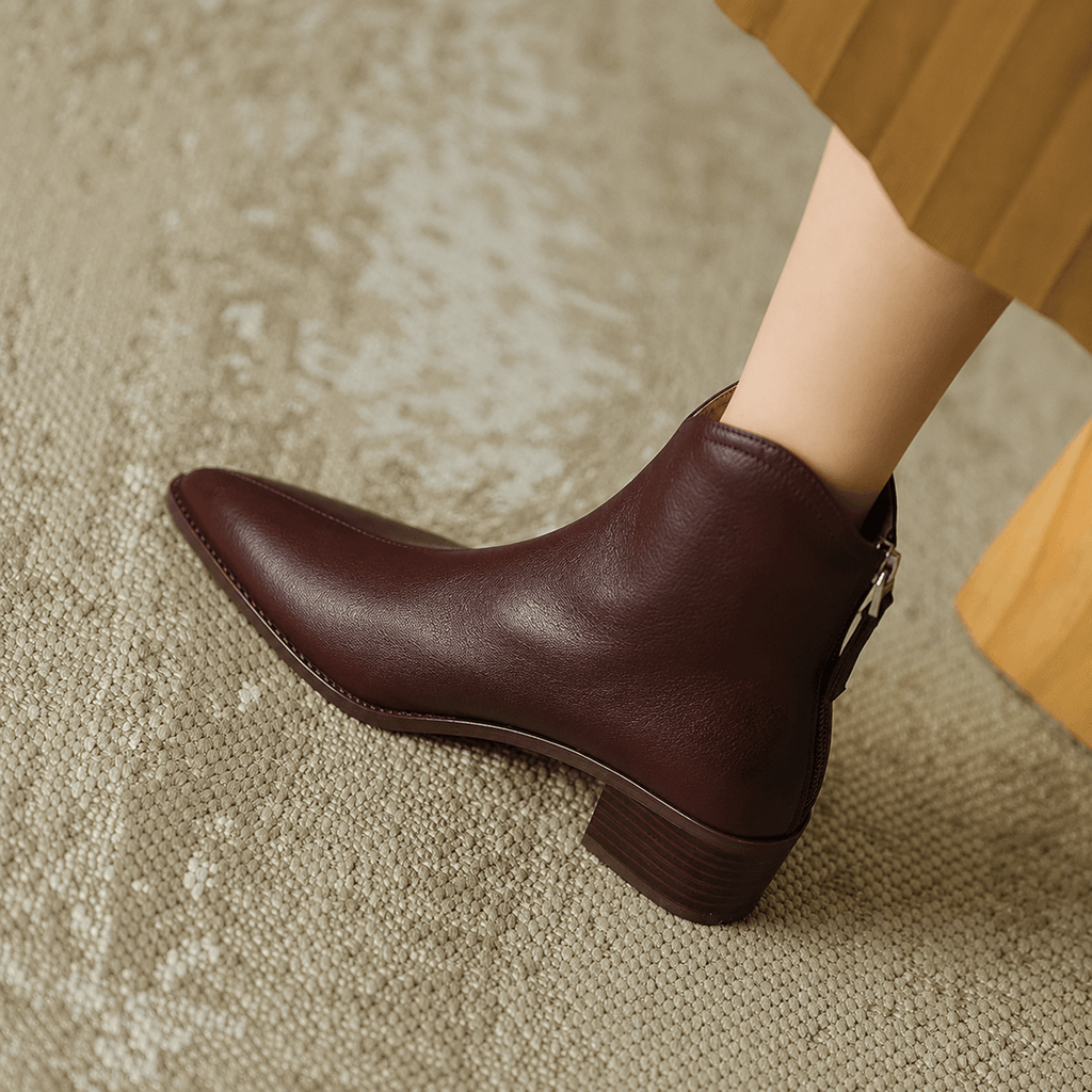 Kensley Pointed-Toe Faux Leather Women's Boots with Block Heel and Side Zip
