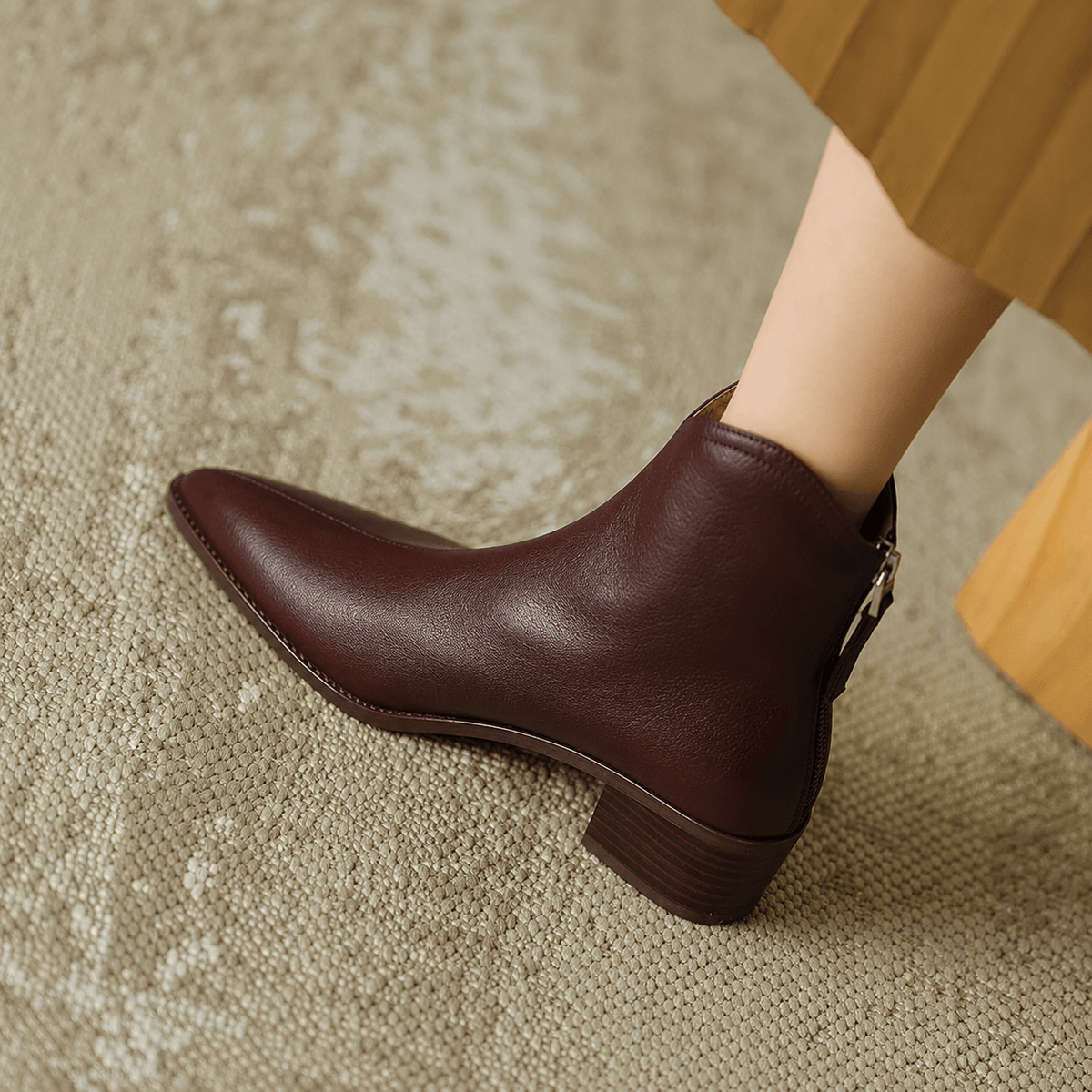 Kensley Pointed-Toe Faux Leather Women's Boots with Block Heel and Side Zip