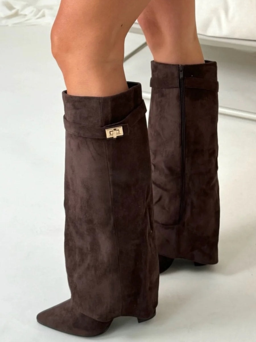 Knee-High Fold-Over Brown Boots with Buckle Strap for Fall and Winter
