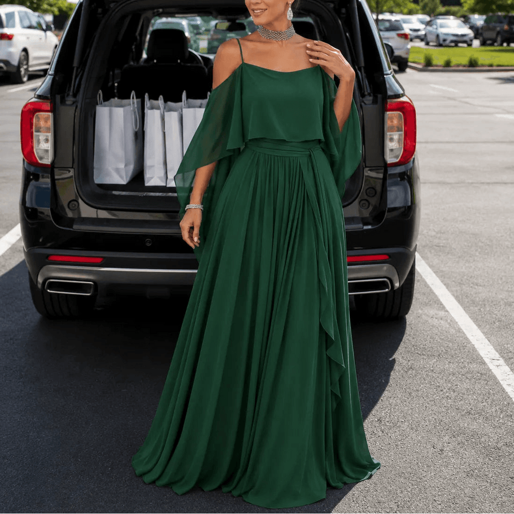 Solavia Cold-Shoulder Chiffon Women's Midi-to-Maxi Dress with Waist Drape
