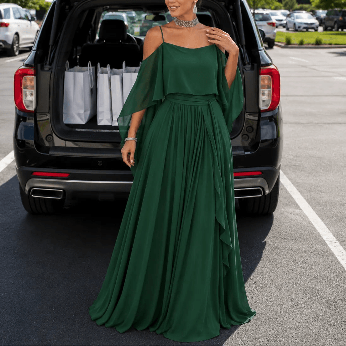 Solavia Cold-Shoulder Chiffon Women's Midi-to-Maxi Dress with Waist Drape