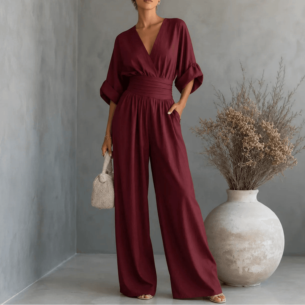 Wide-Leg Jumpsuit with V Neck and Pleated Waist Sash