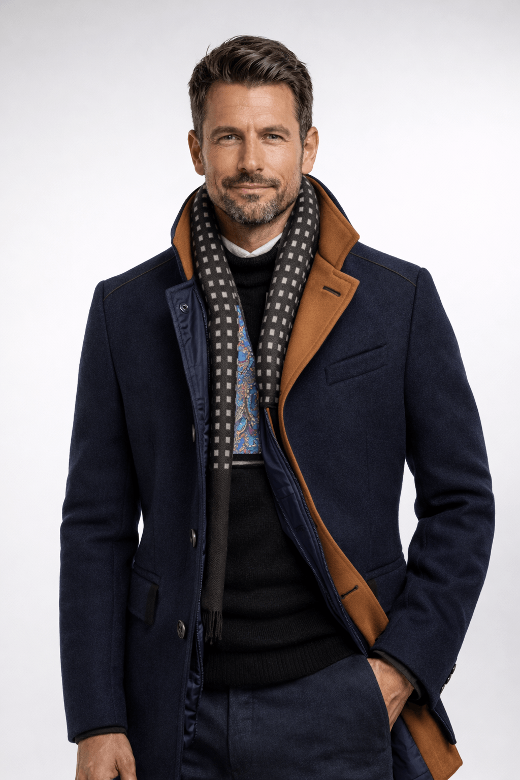 Men's Tailored Wool-Blend Winter Coat with Stand Collar