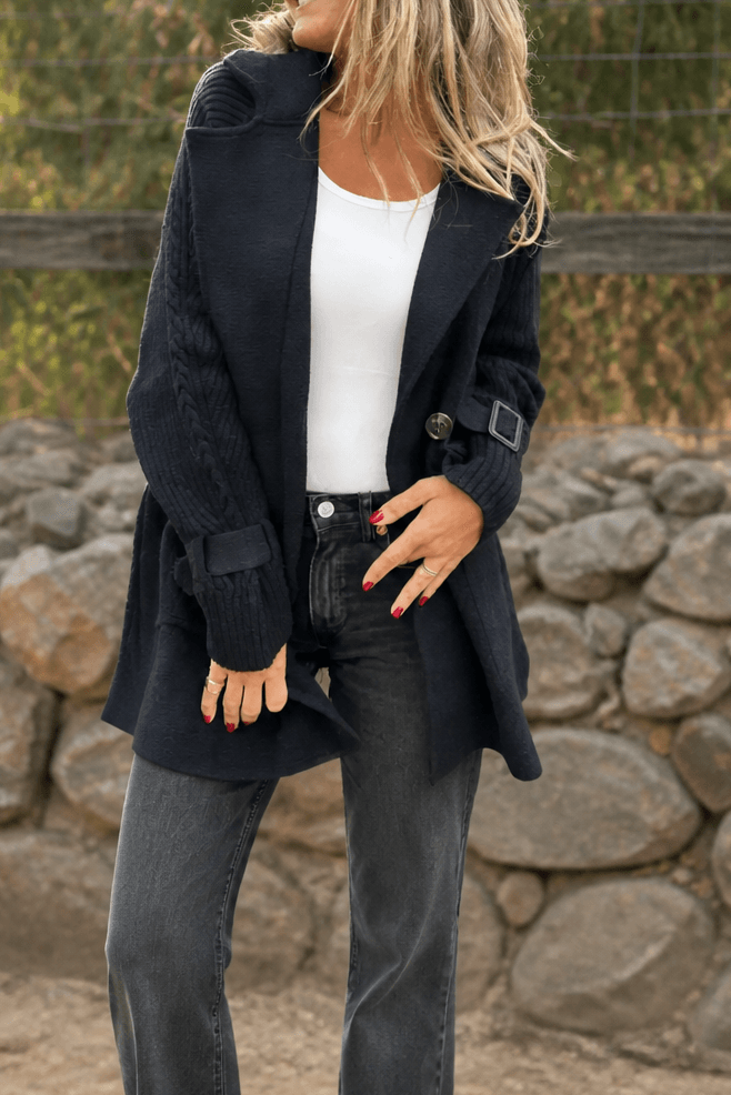 Isola Cable-Knit Sleeve Double-Breasted Longline Winter Coat for Women