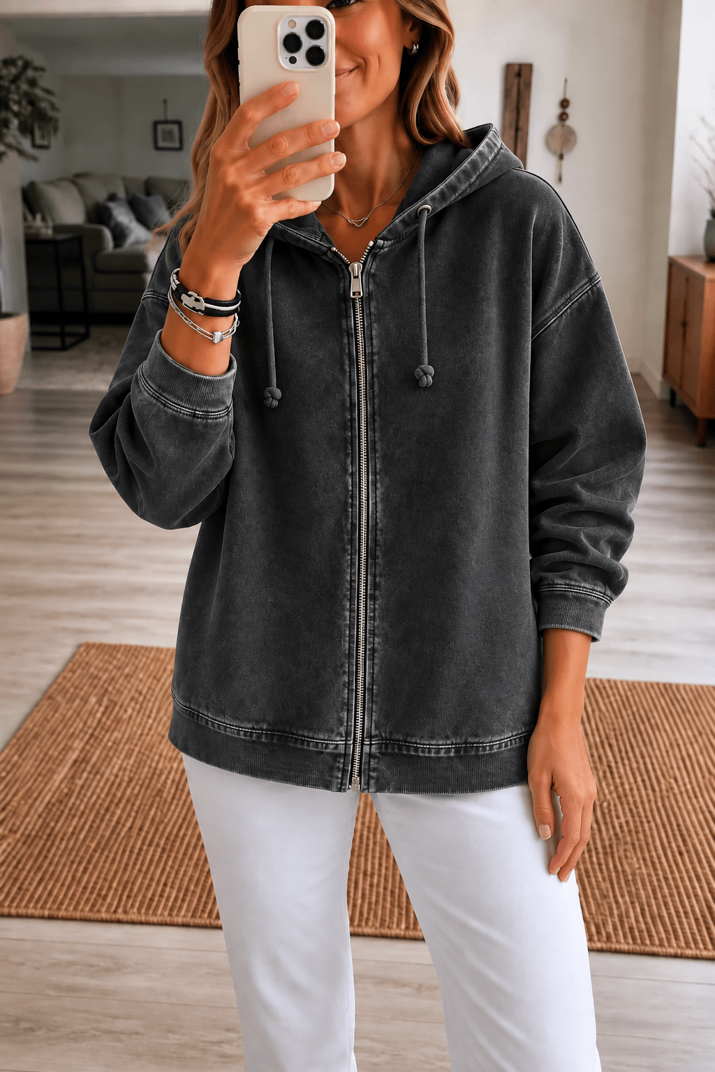 Women's Washed Relaxed Fit Zip-Up Hoodie with Drawstring Hood