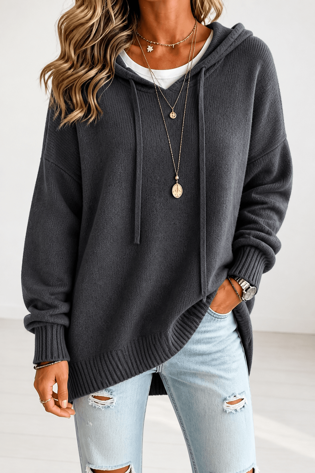 Women's Oversized Hooded Knitted Sweater with Drawstring