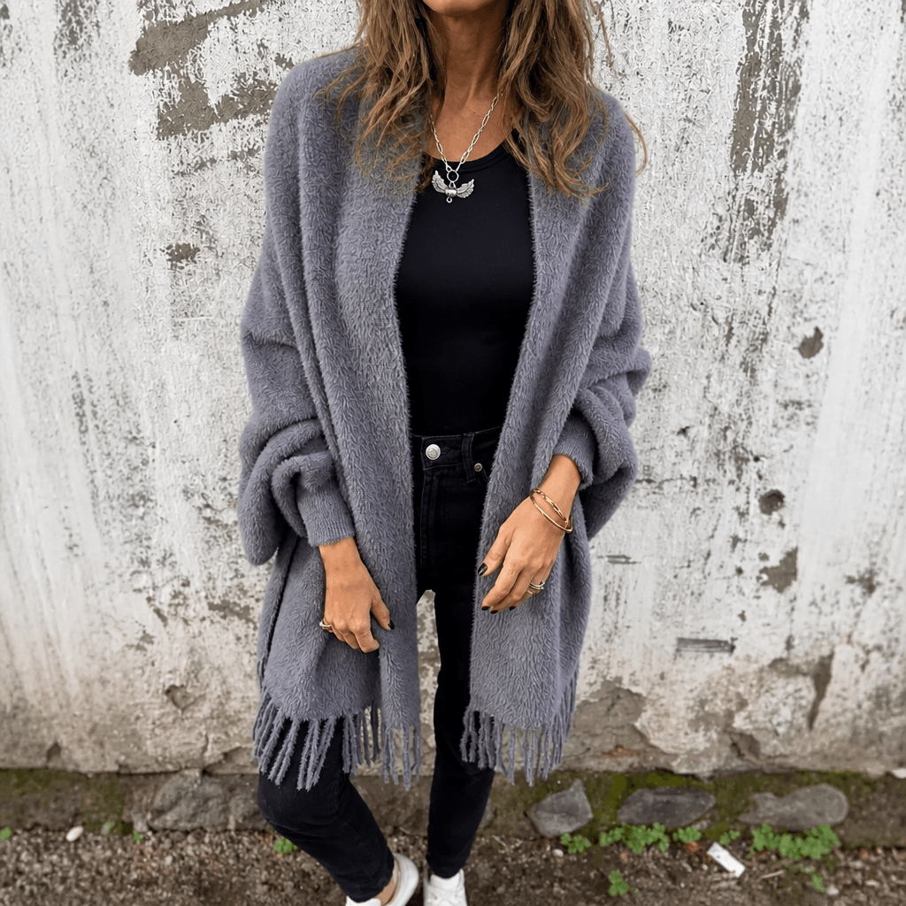 Women's Draped Shawl Collar Open-Front Wool Winter Coat with Fringe Detail