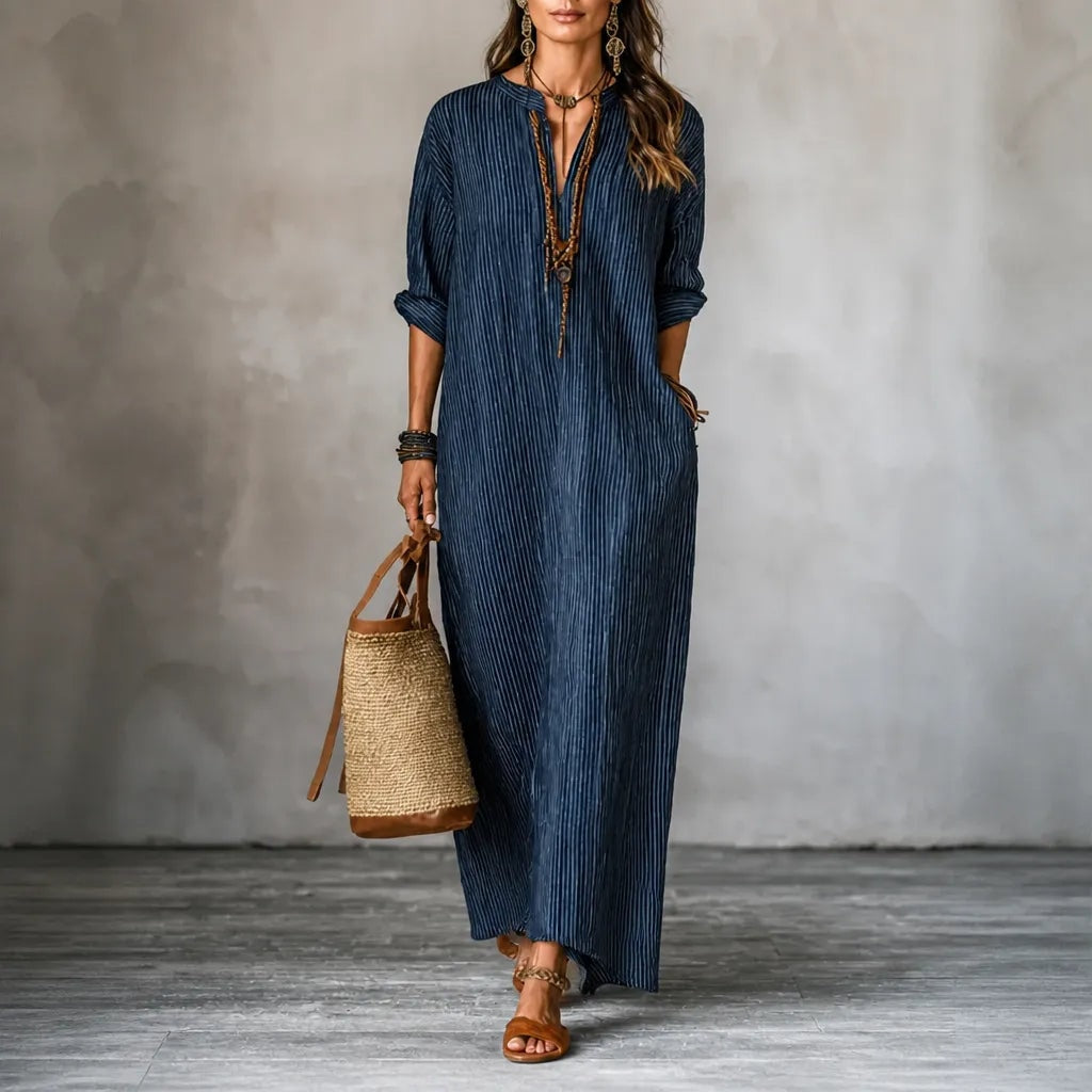 Striped V-Neck Maxi Dress with Long Sleeves and Pockets for Women