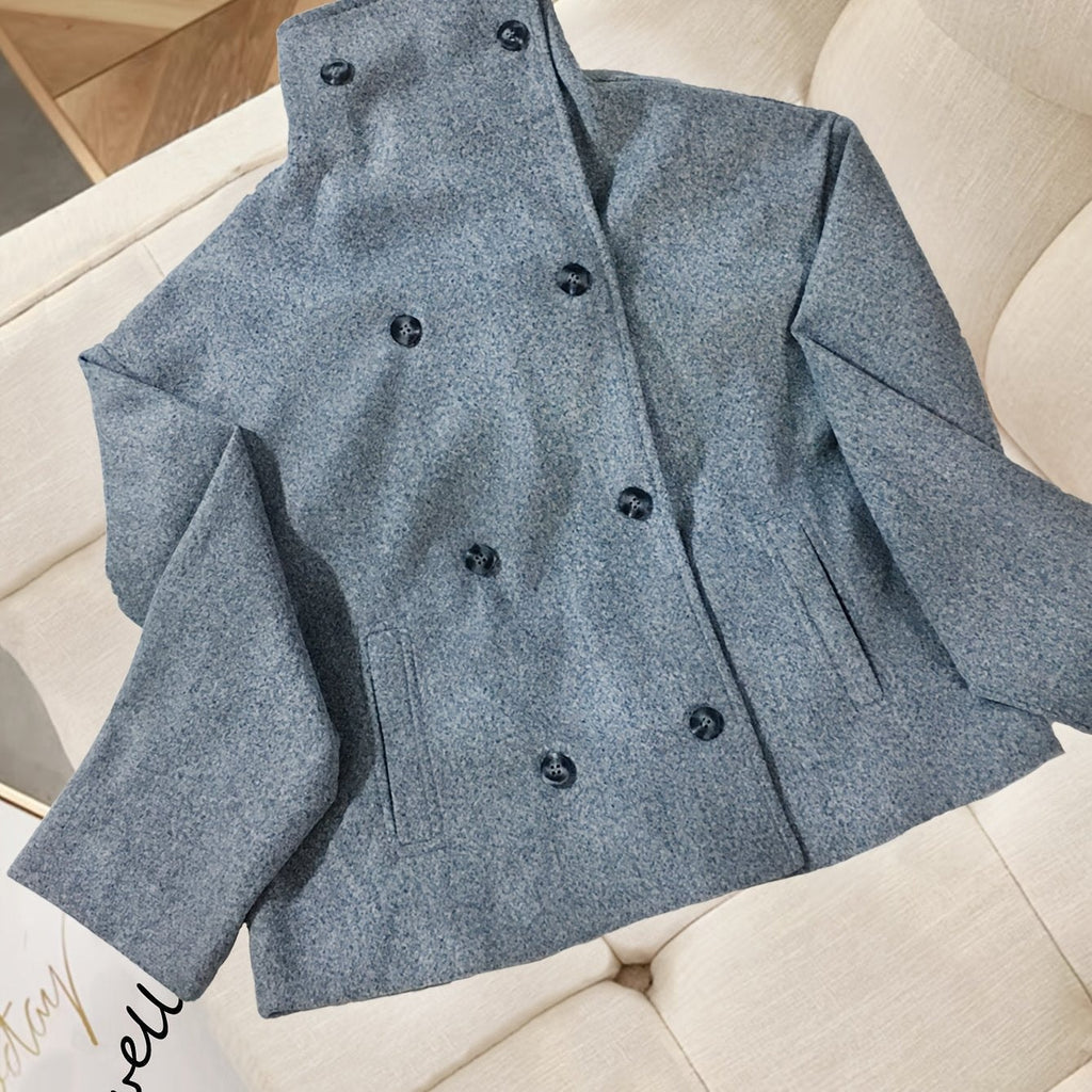 Cropped Wool Pea Coat with Notch Lapel and Double Breasted Button Front
