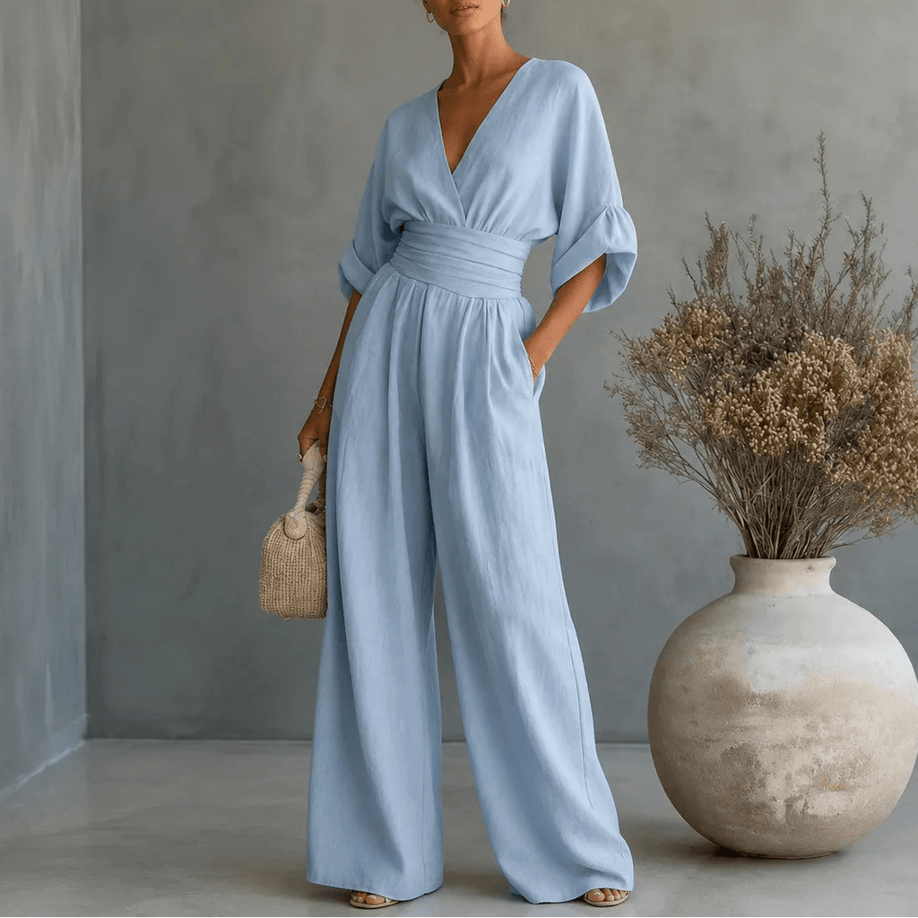 Wide-Leg Jumpsuit with V Neck and Pleated Waist Sash