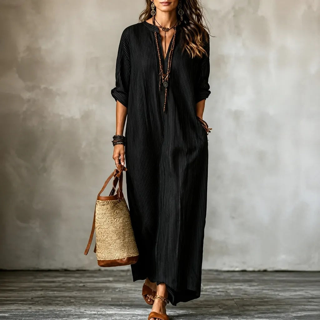Striped V-Neck Maxi Dress with Long Sleeves and Pockets for Women