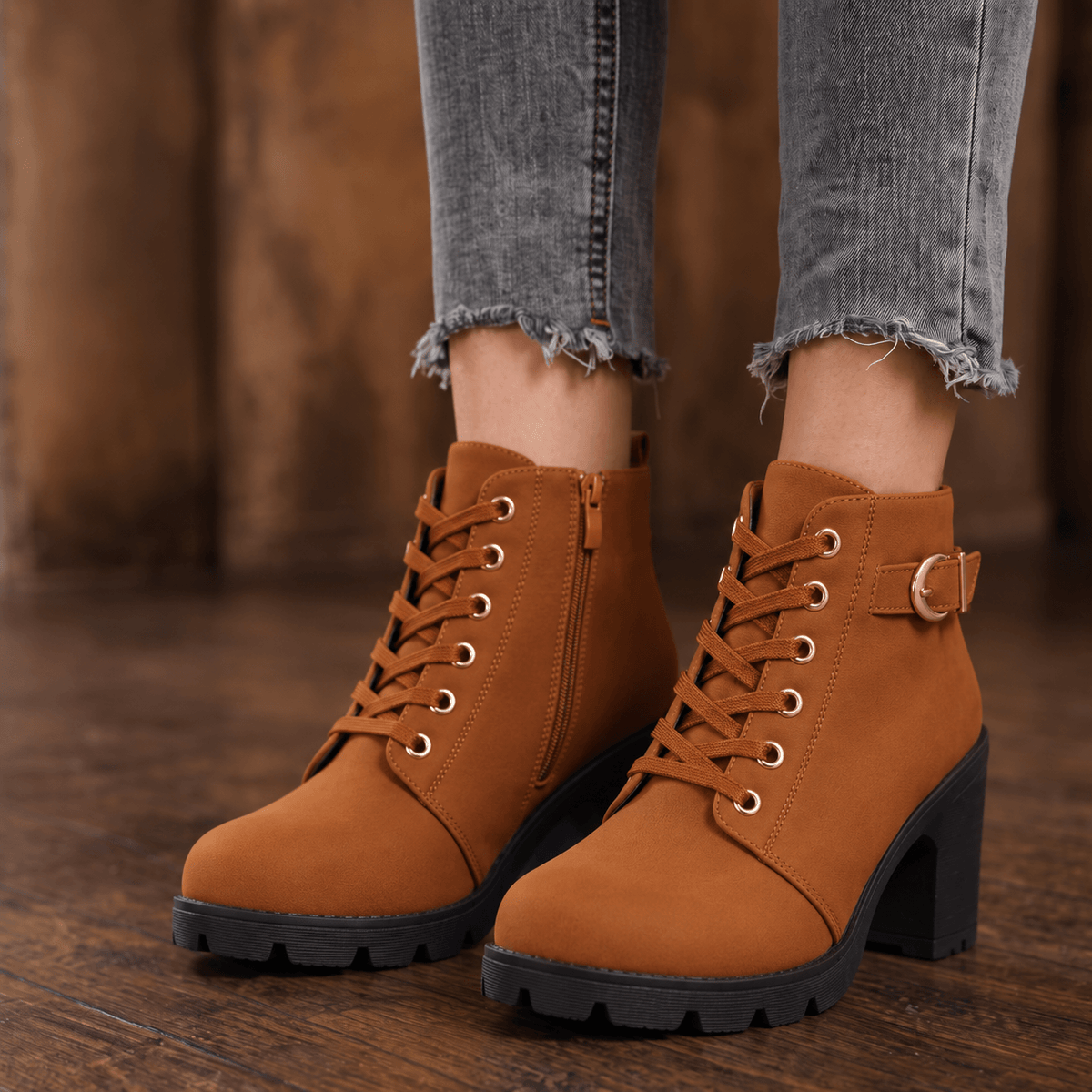 Women's Lace-Up Chunky Block Heel Ankle Boots with Side Zipper and Buckle Strap