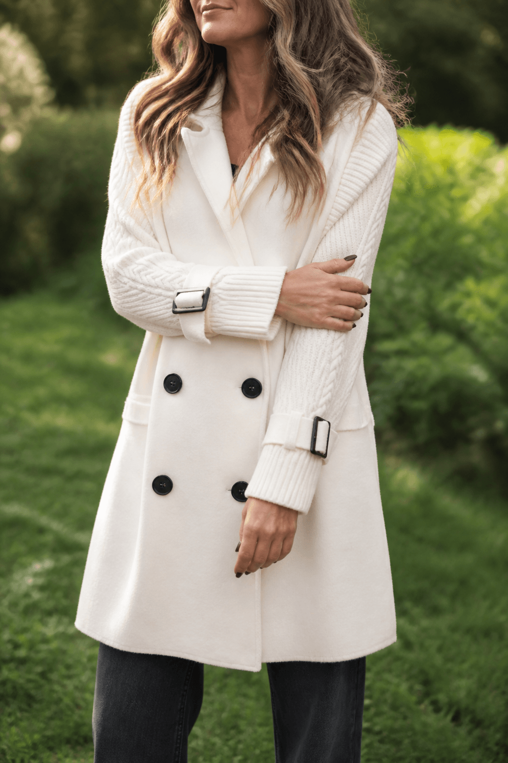 Isola Cable-Knit Sleeve Double-Breasted Longline Winter Coat for Women